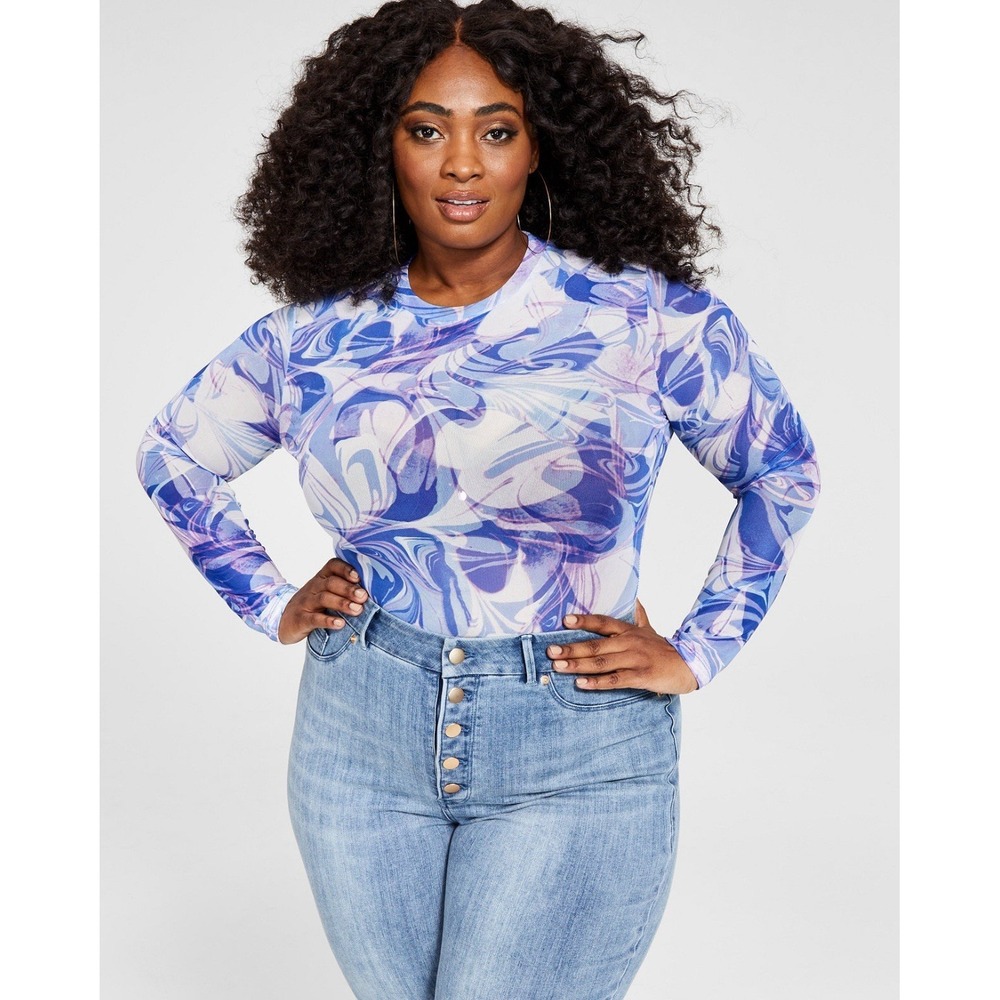 NWT Nina Parker Women's Plus Size 1X Blue Multi Marble Mesh Long Sleeve Bodysuit